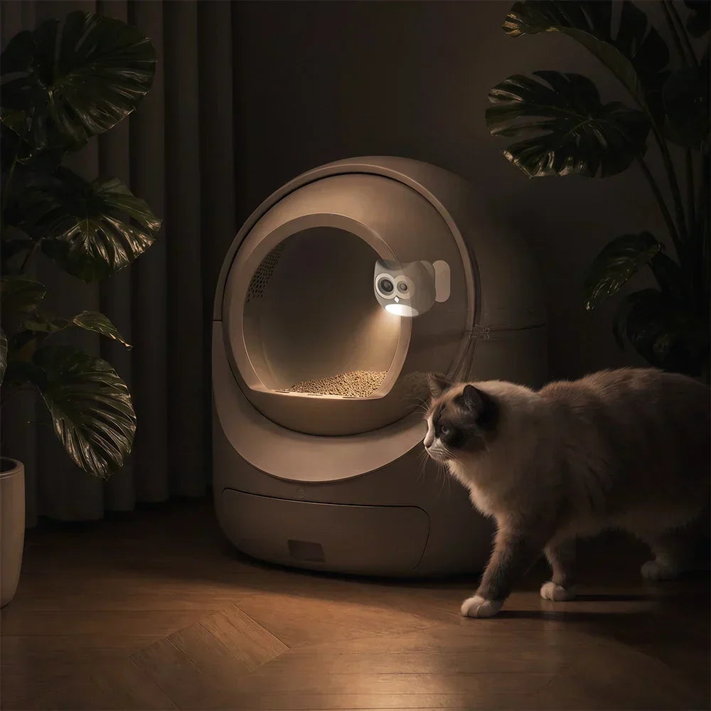 SiiPet LitterLens litter box camera monitoring a cat beside a smart litter box at night