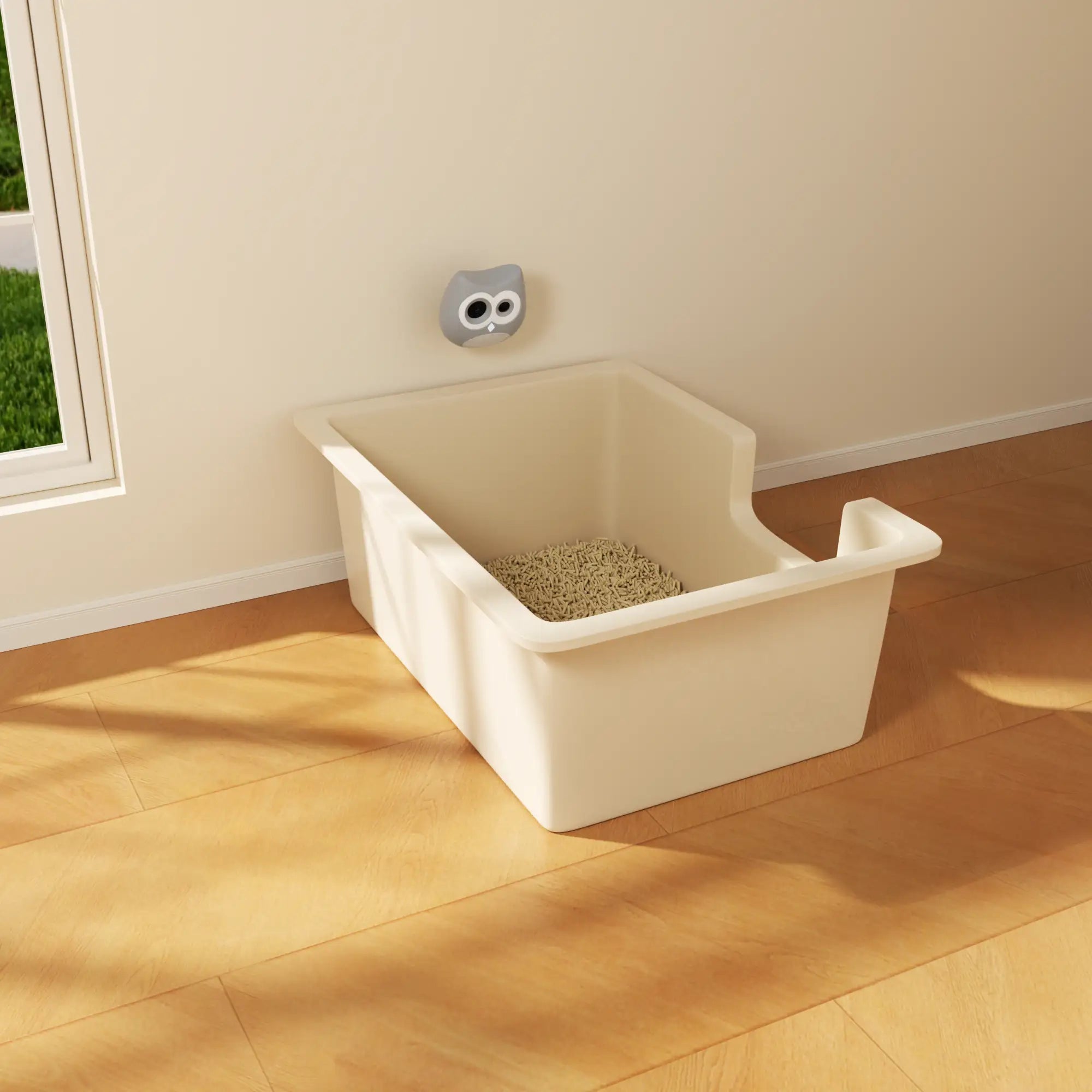 White cat litter box on a wooden floor with a window in the background