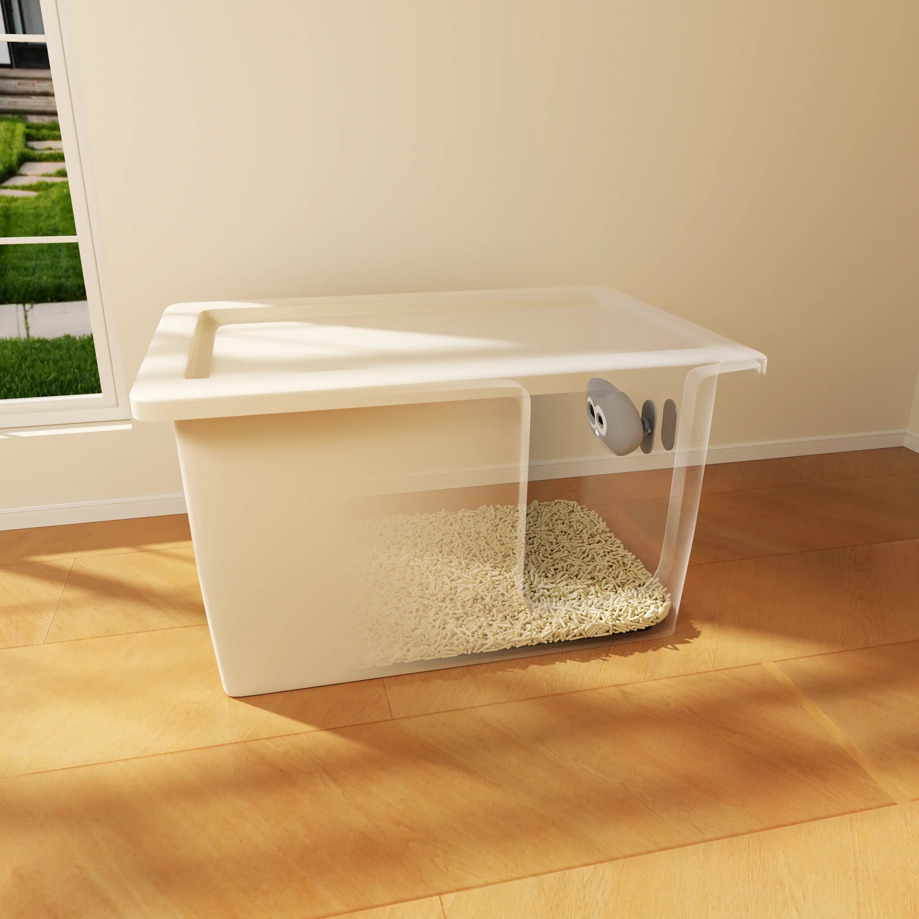 Cat litter box with transparent lid on a wooden floor