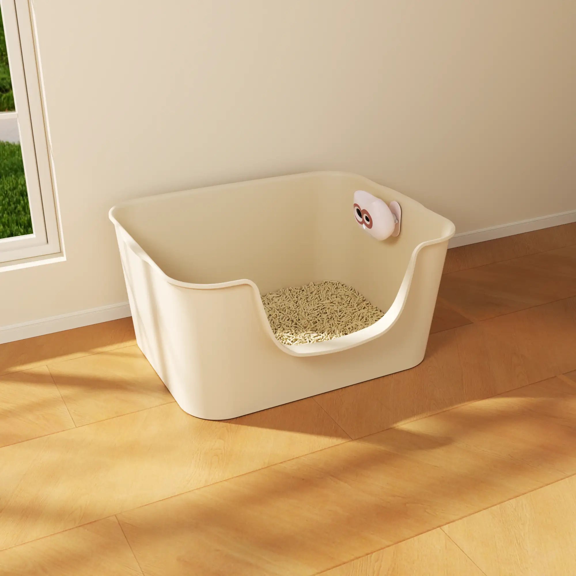 Beige cat litter box on a wooden floor with a window in the background