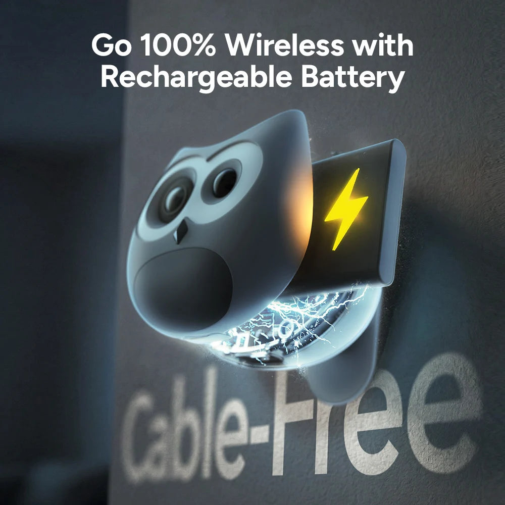 Wireless charging device with owl design and text 'Go 100% Wireless with Rechargeable Battery' on a dark background.