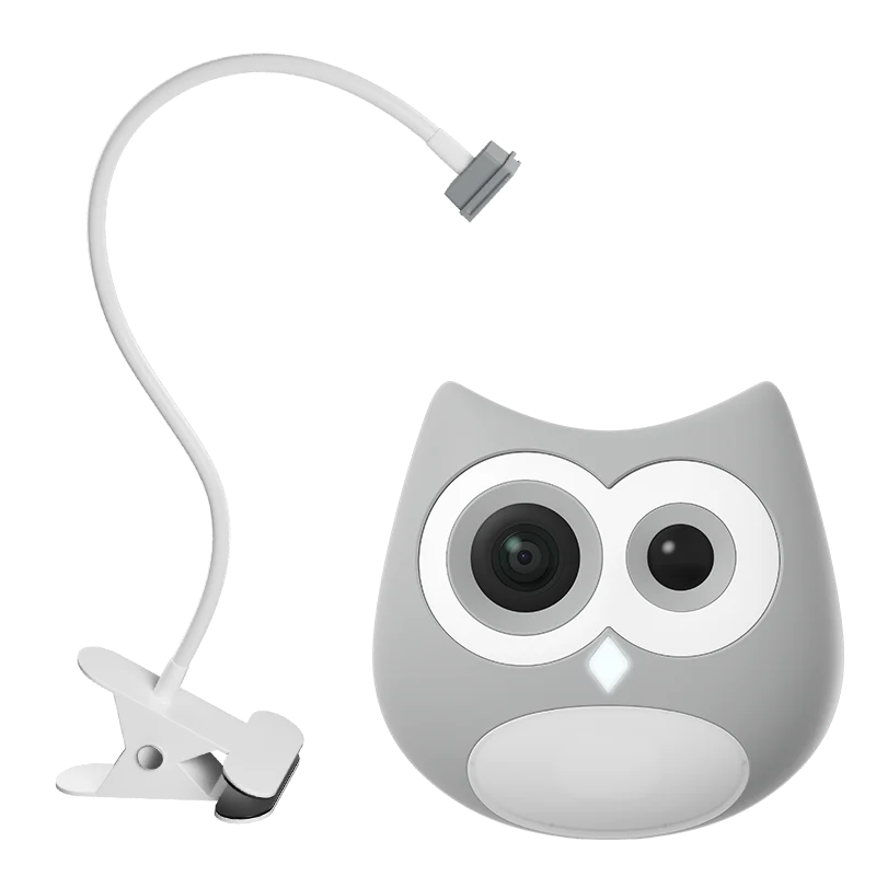Gray owl-shaped camera with a clip on a white background
