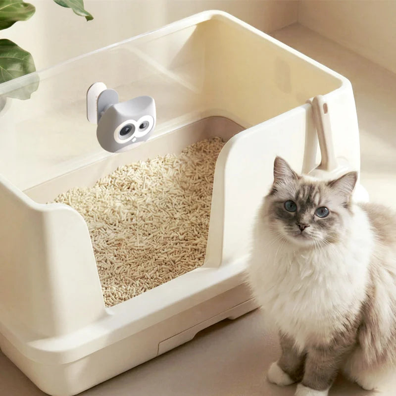 Cat sitting next to a modern litter box with a scoop and camera on a light wooden floor.