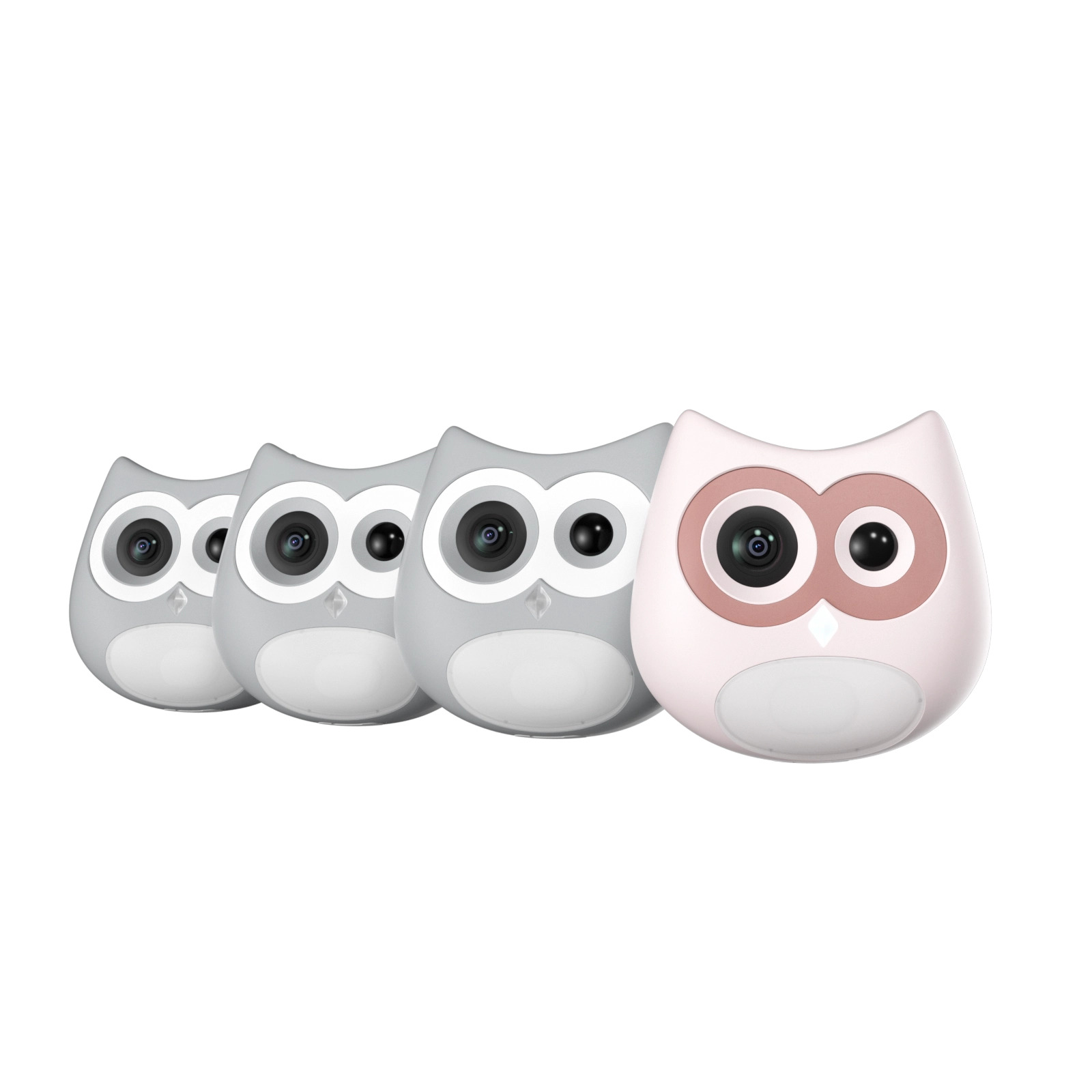 Set of four owl-shaped cameras in gray and pink on a white background
