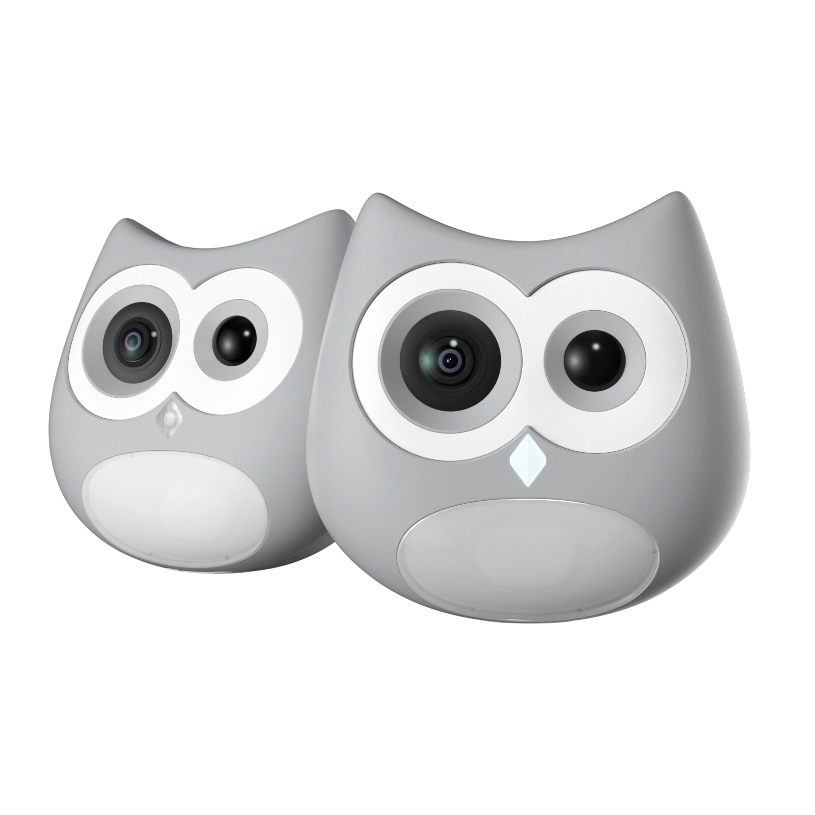 Two owl-shaped cameras on a white background