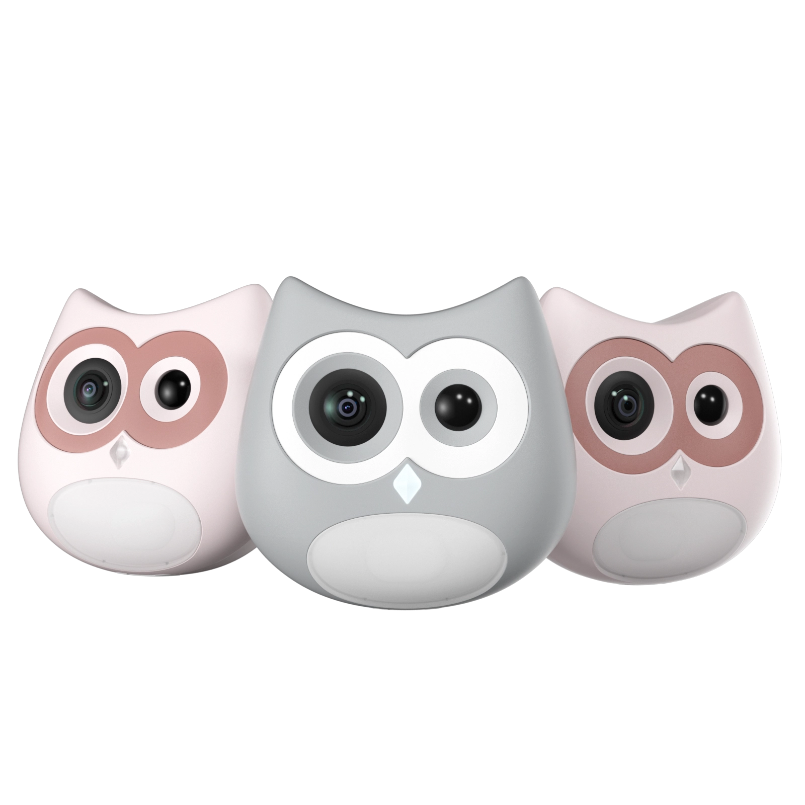 Three owl-shaped cameras in pink, gray, and pink on a white background