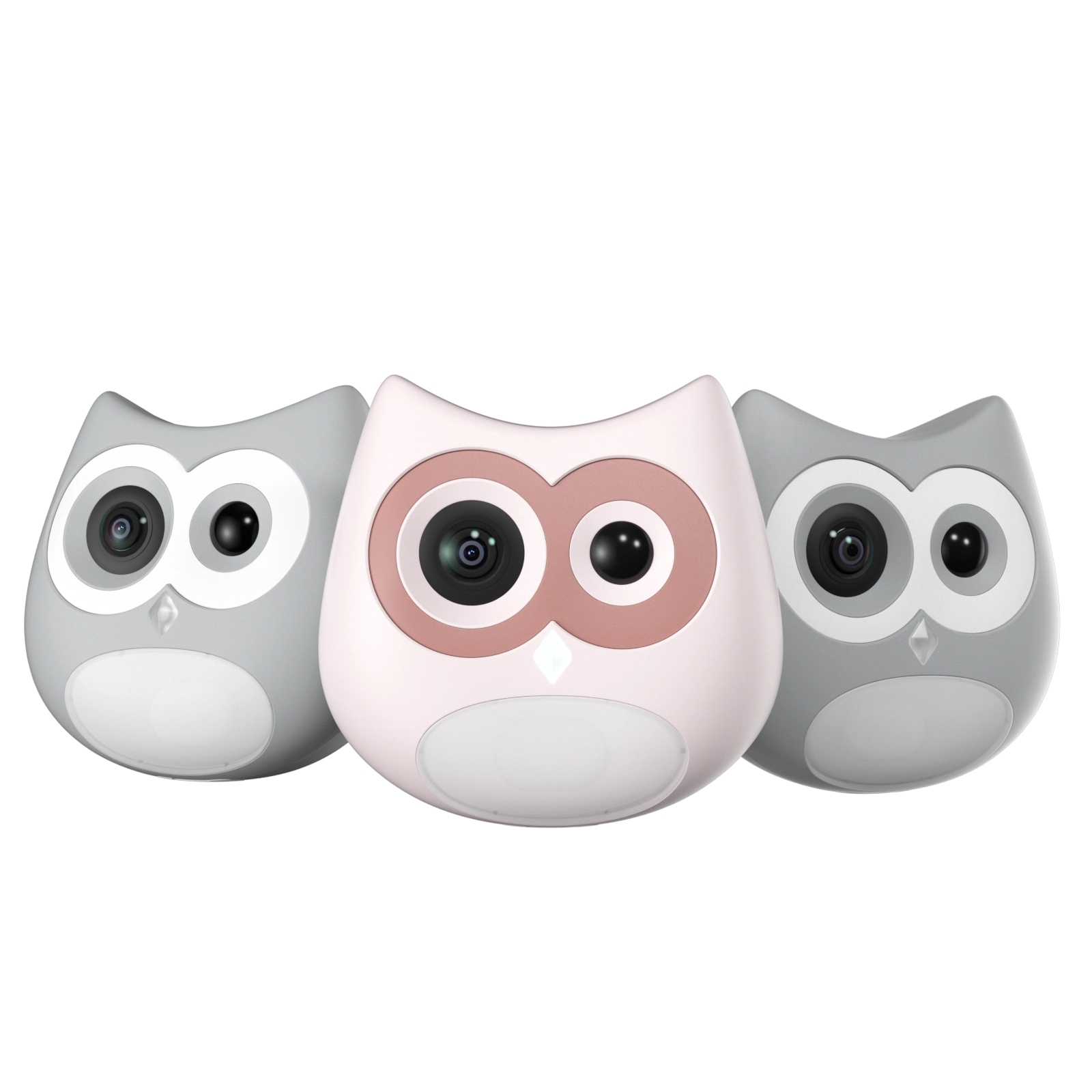 Three owl-shaped cameras in gray, pink, and gray on a white background