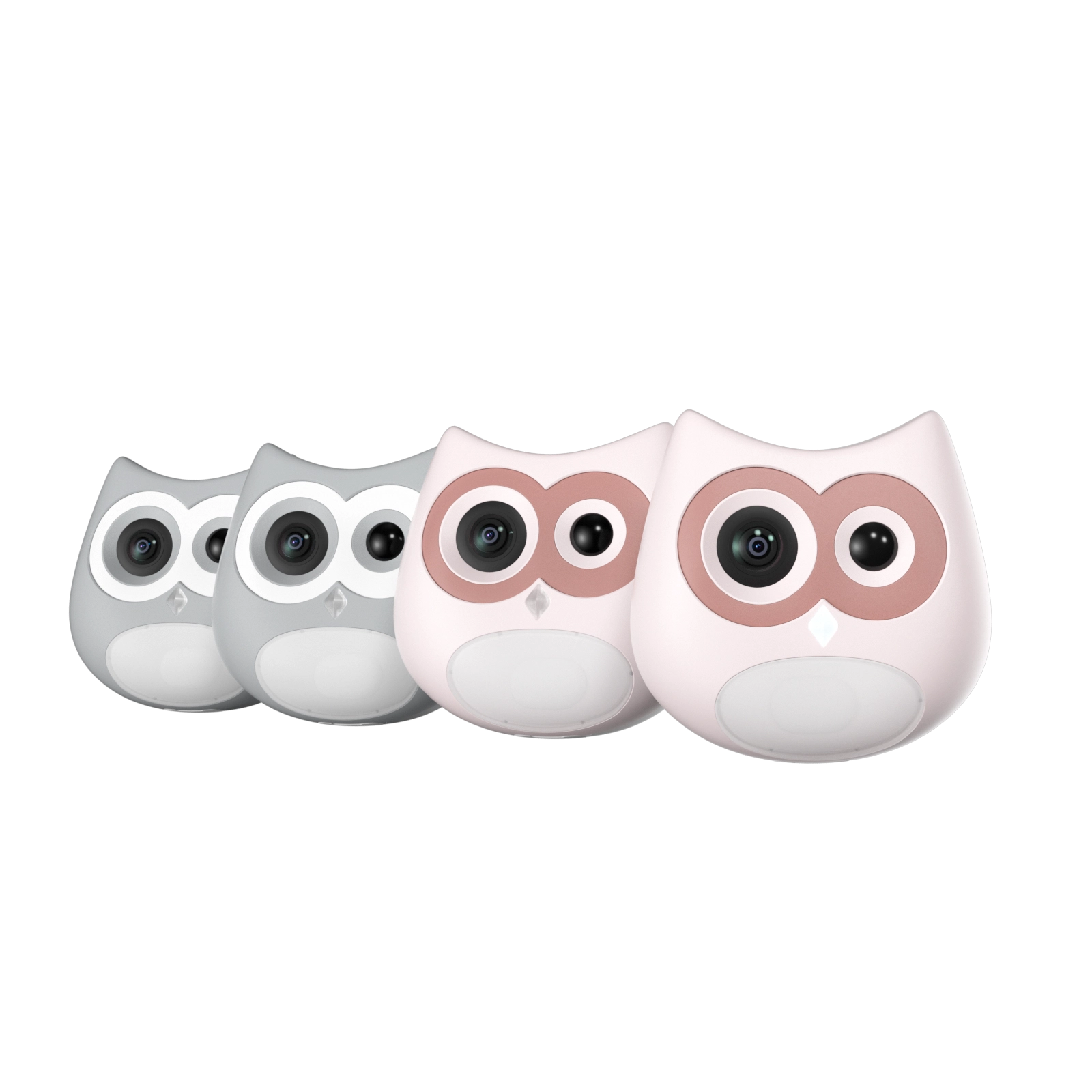 Four owl-shaped cameras in different colors on a white background