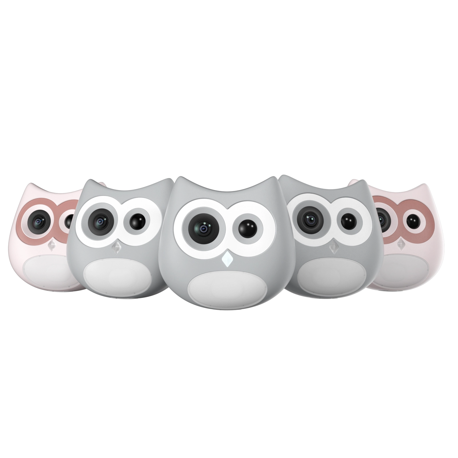 Five owl-shaped devices with camera lenses on a white background