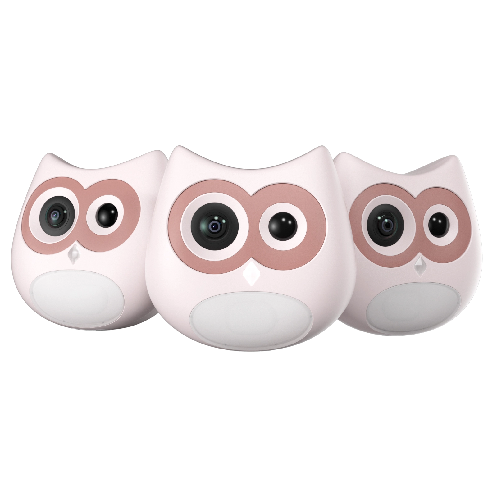 Three owl-shaped cameras on a white background