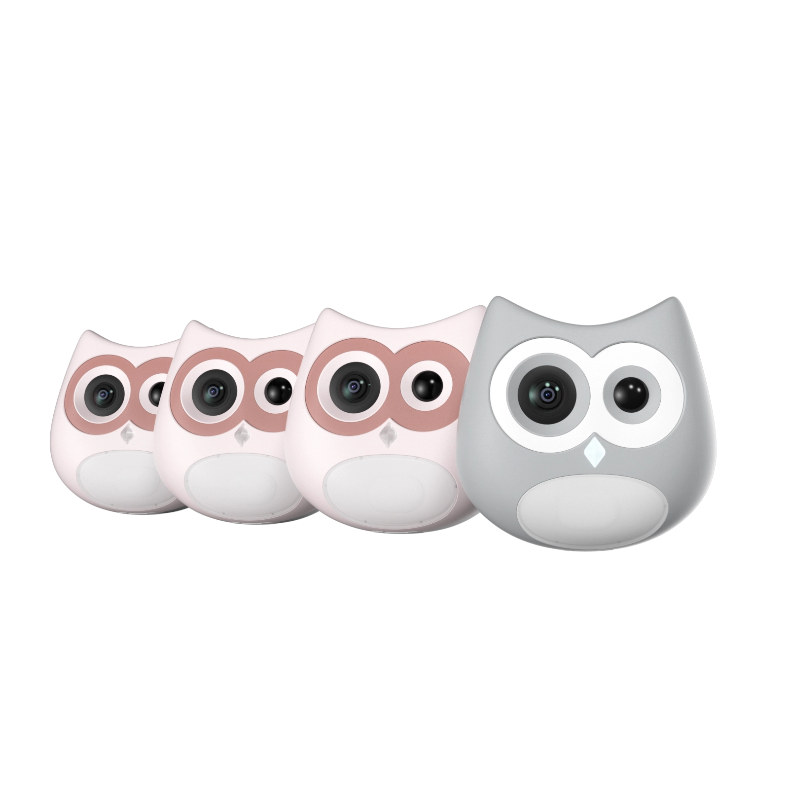 Set of four owl-shaped cameras on a white background