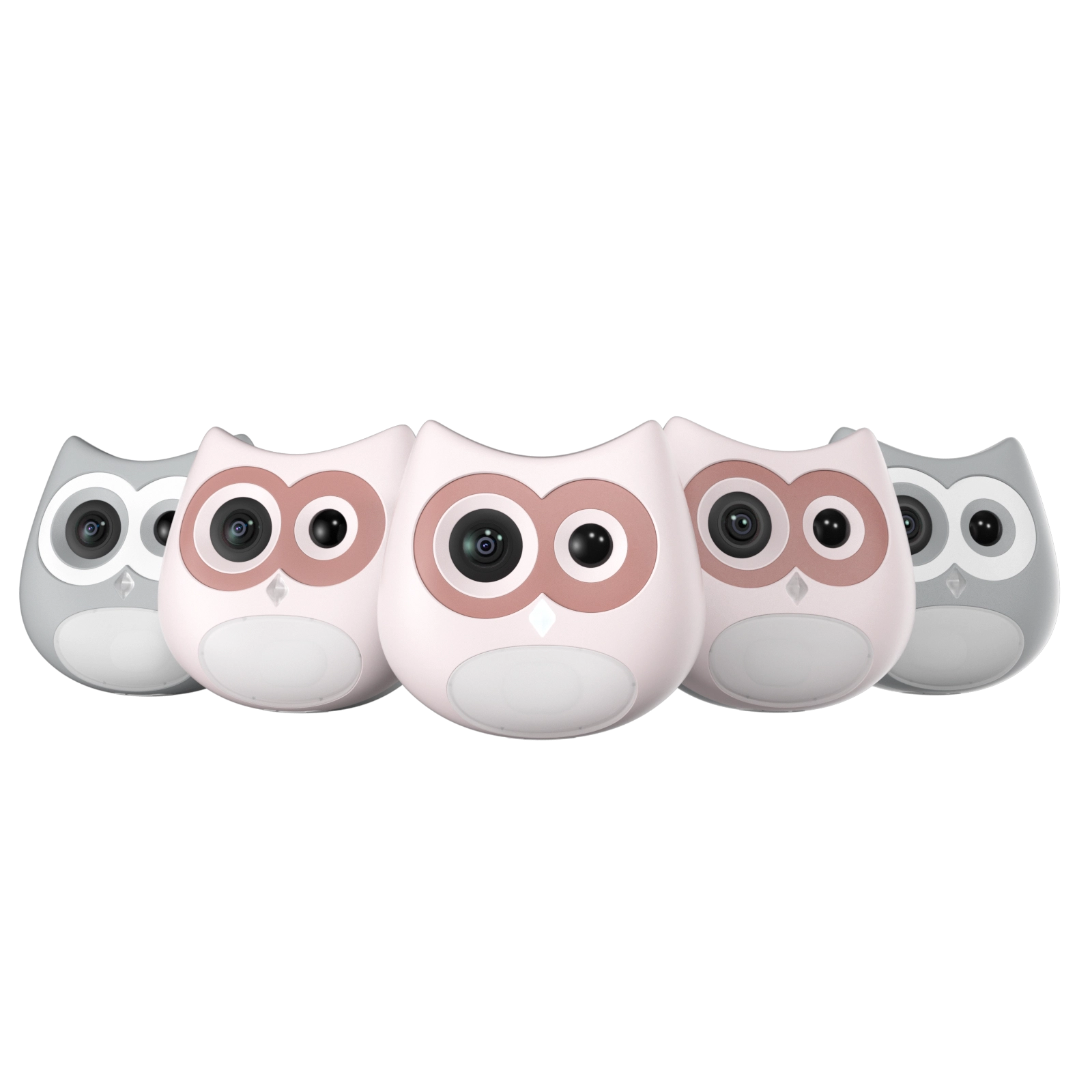 Five owl-shaped cameras in various colors on a white background