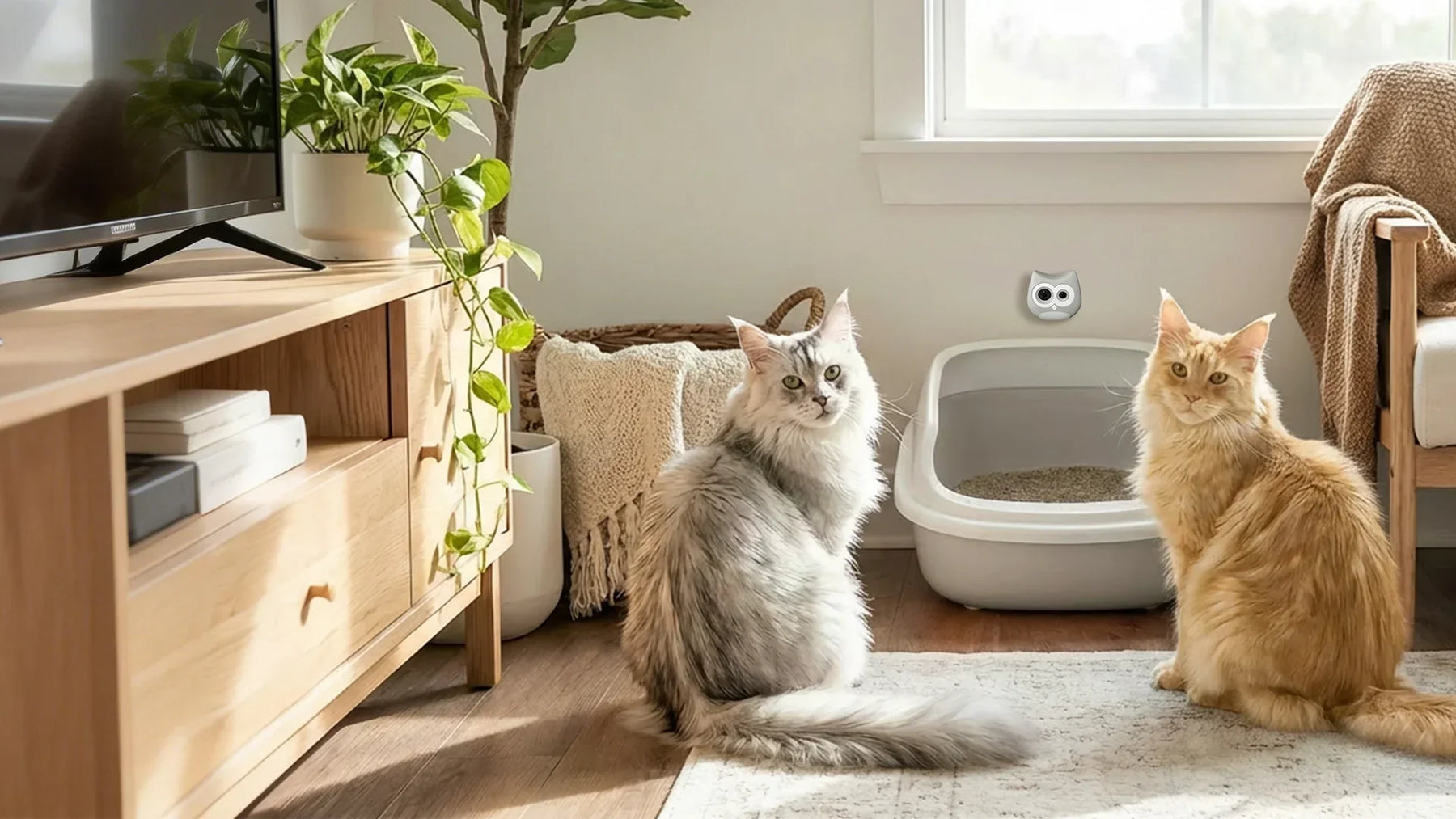 Two large domestic cats sit in bright living‑room, SiiPet LitterLens owl‑shaped camera mounted beside open litter box for multi‑cat health tracking