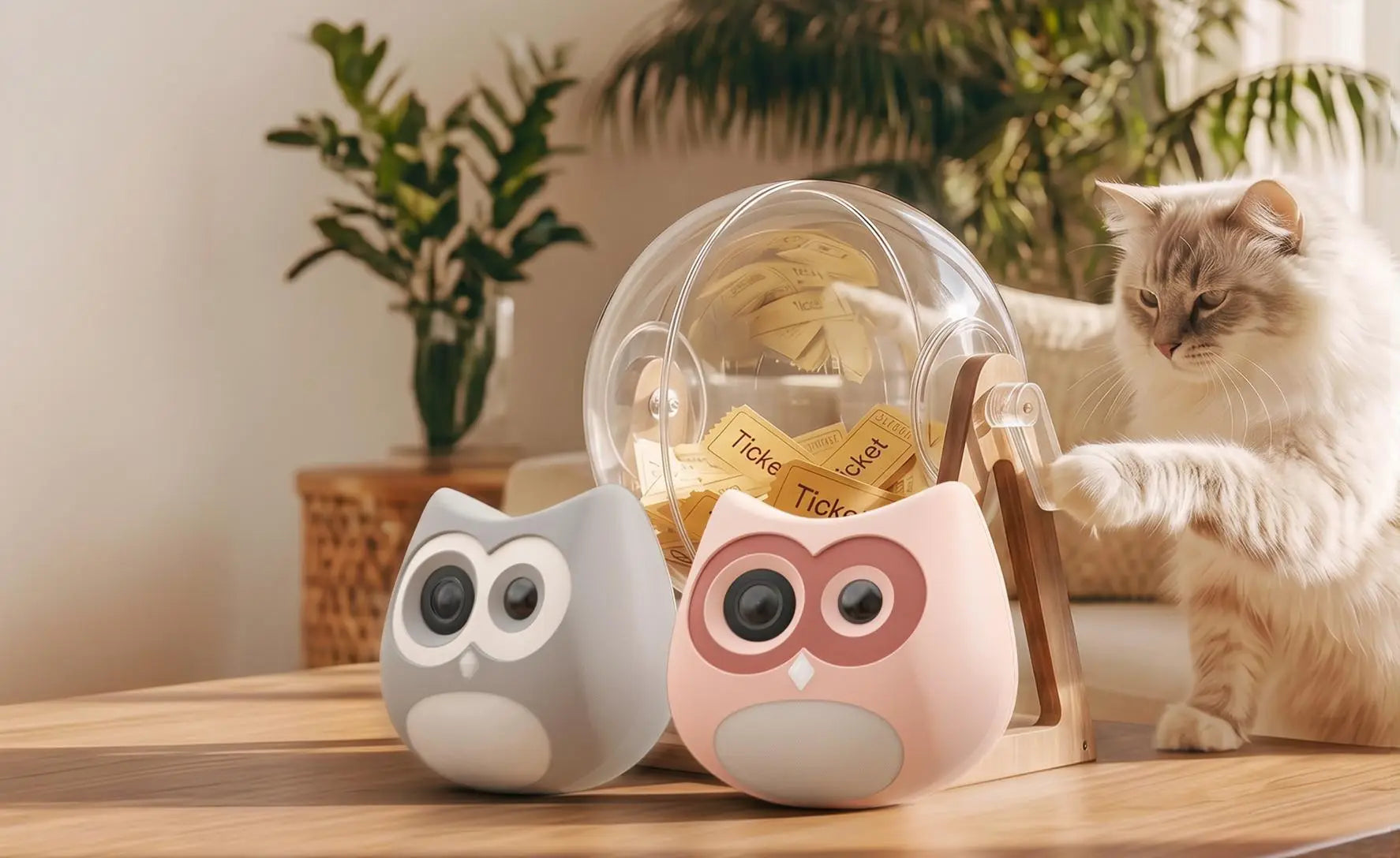 SiiPet LitterLens pet camera in gray and pink owl design, displayed on wooden table with cat in cozy home background