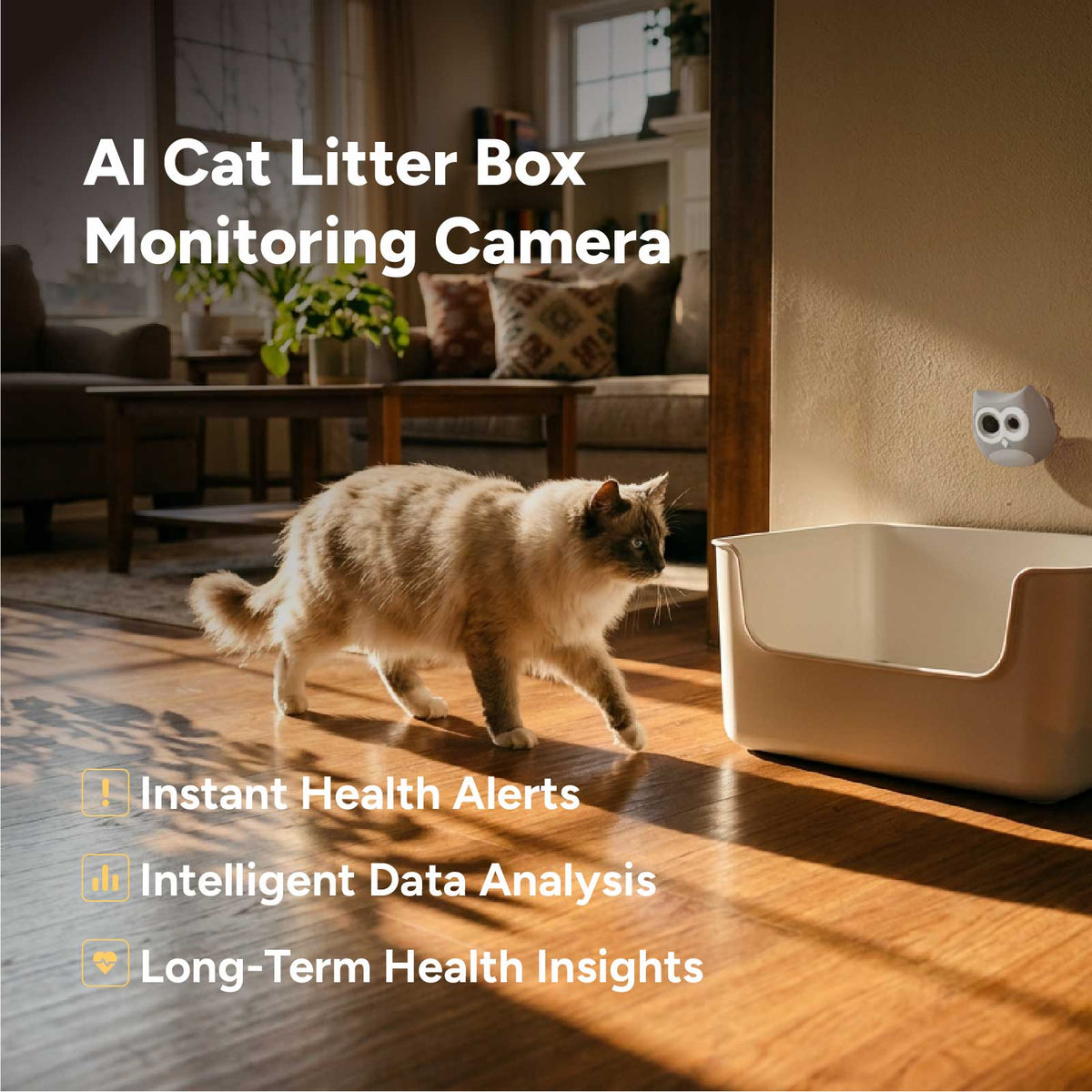 SiiPet LitterLens litter box camera clipped above a litter box, showing the recorded visit on a phone screen