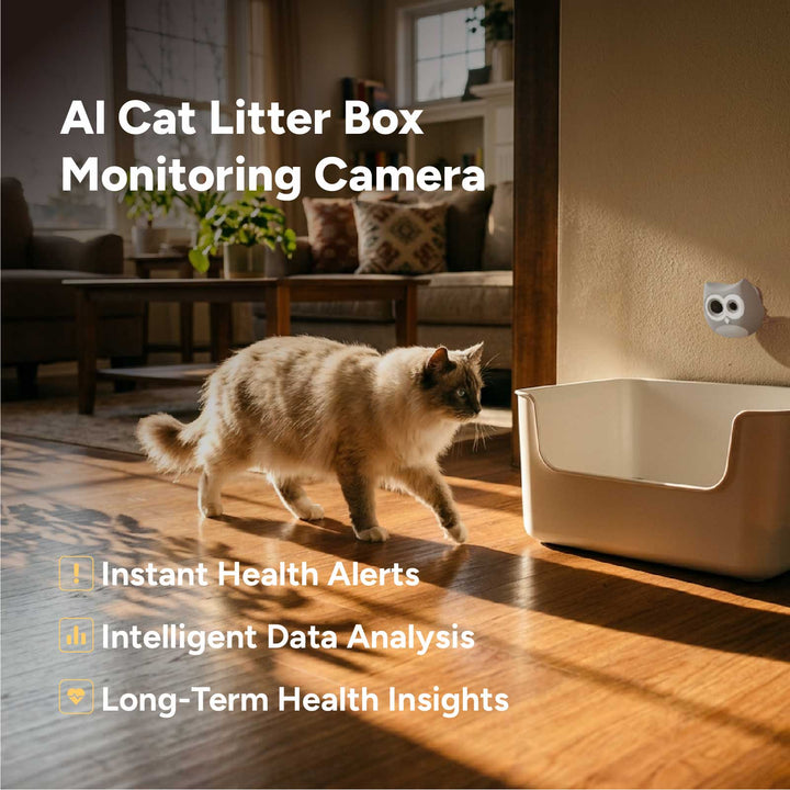 SiiPet LitterLens litter box camera clipped above a litter box, showing the recorded visit on a phone screen