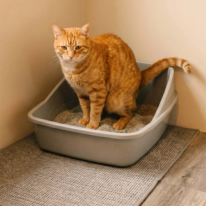 An orange cat sitting inside a litter box during a monitored visit at home