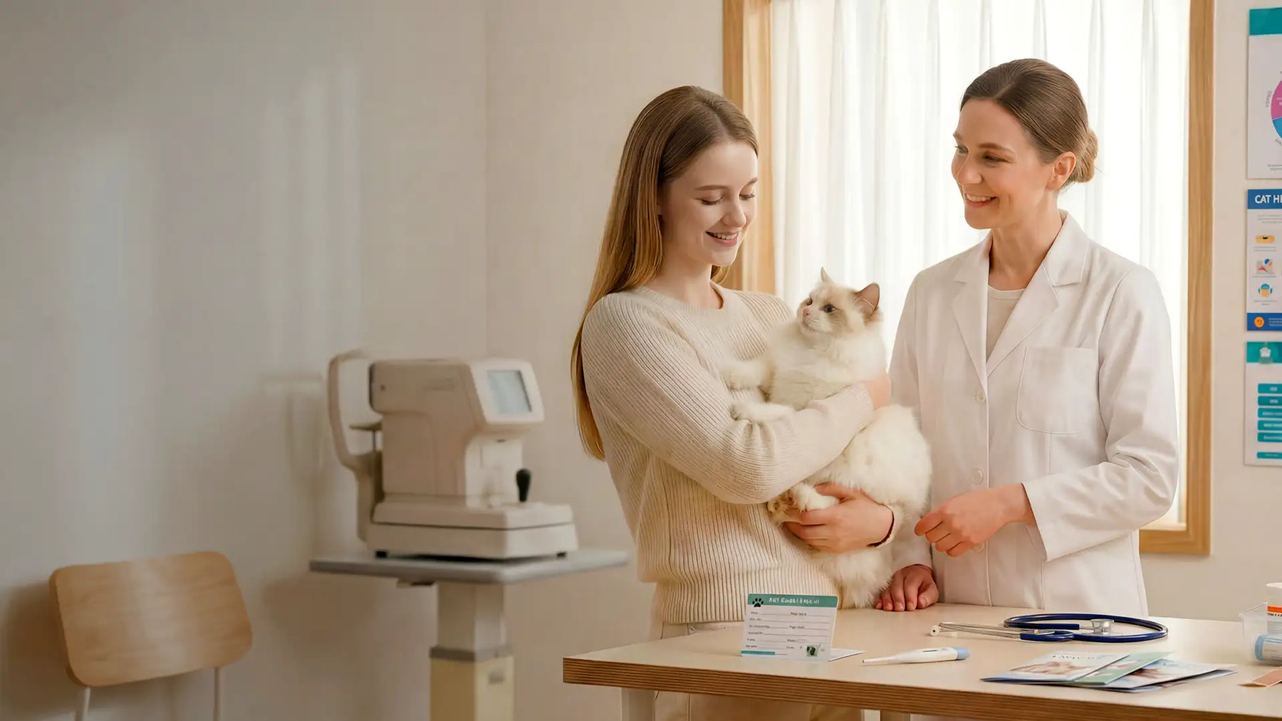 Cat owner and veterinarian discussing feline health during a veterinary visit