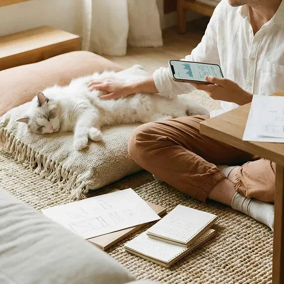 A person sitting on the floor beside a white cat sleeping on a cushion while checking the SiiPet app on a phone