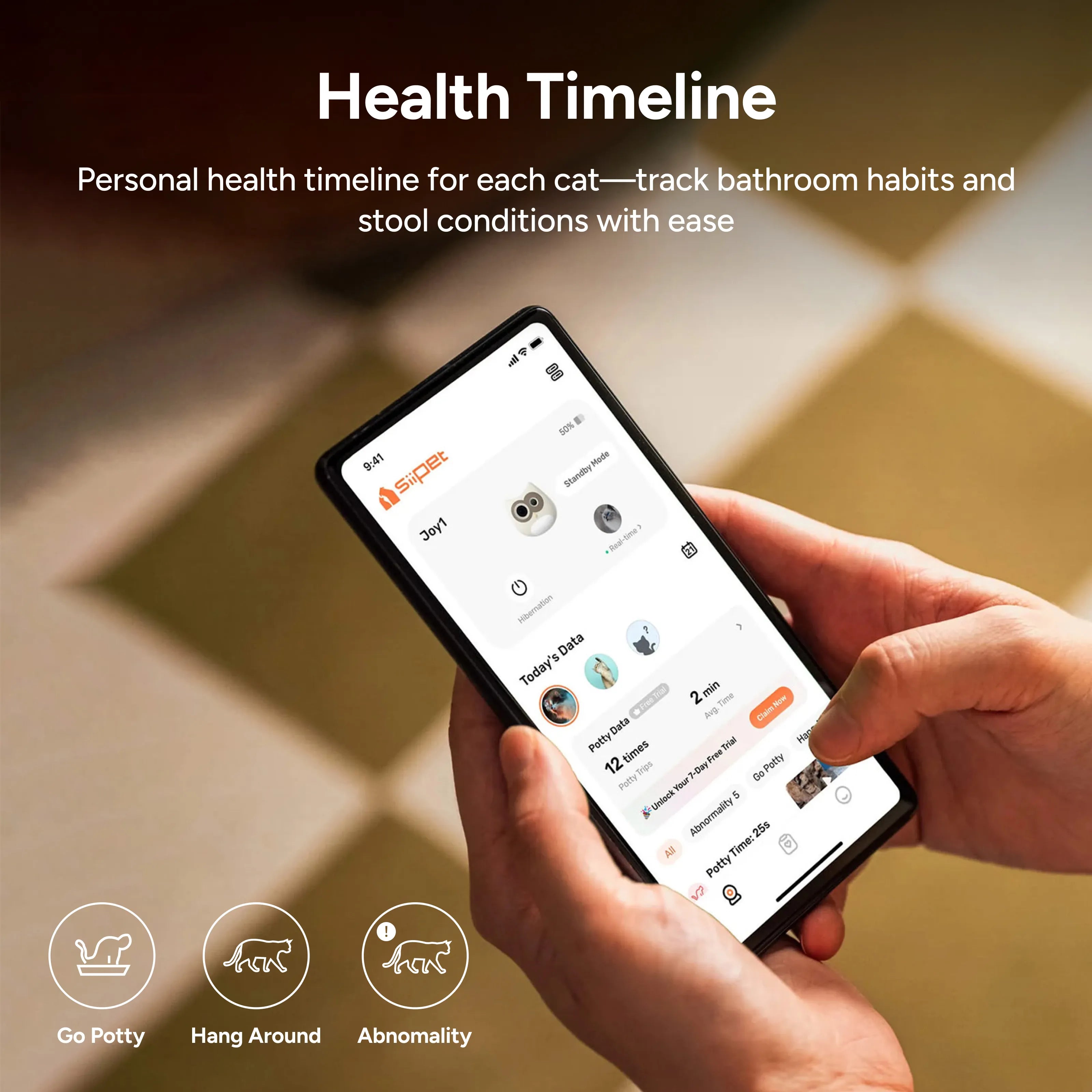 Person holding a smartphone displaying a health tracking app for cats with a blurred background.