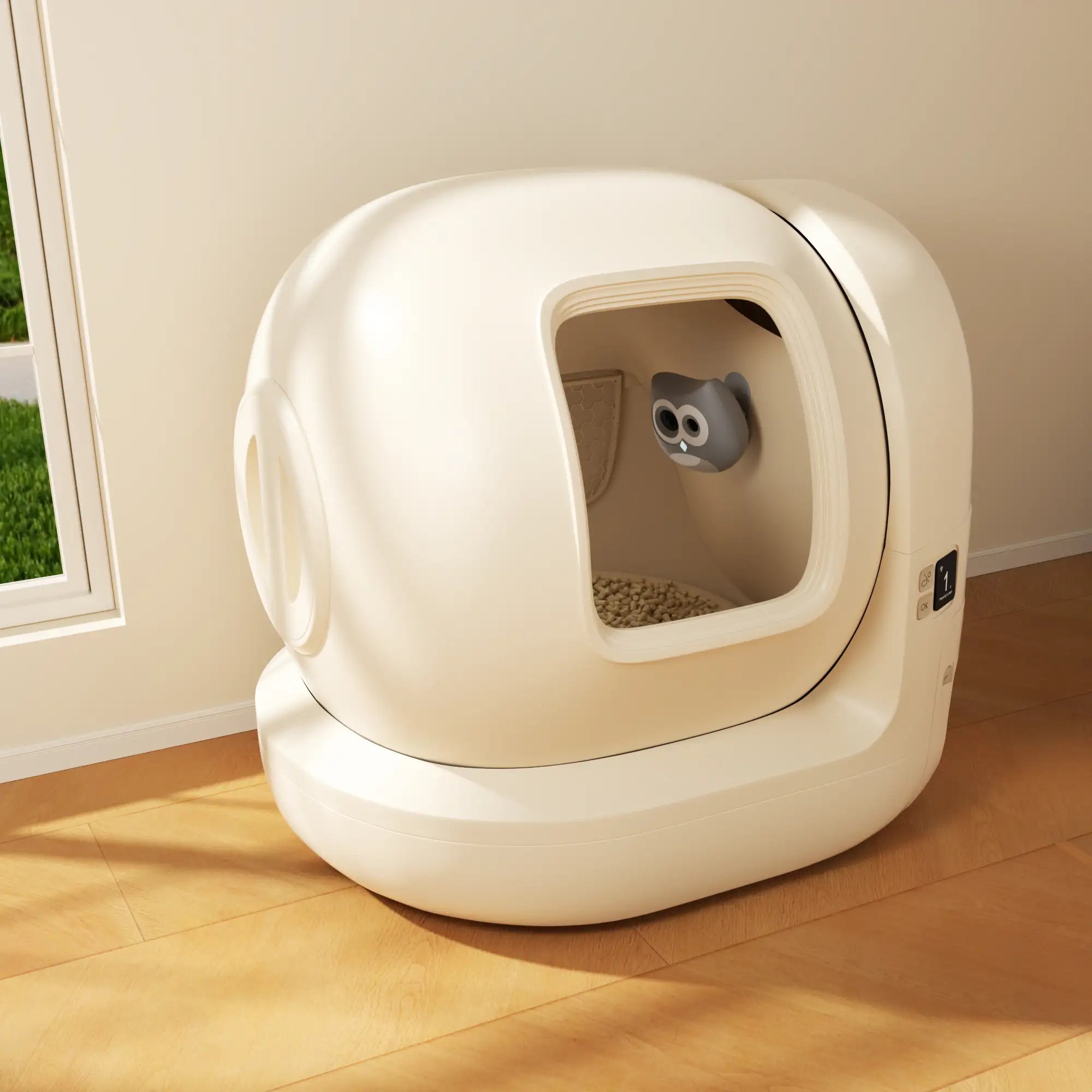 Modern white cat litter box on a wooden floor with a window in the background.