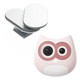 Pink owl-shaped camera with a white base on a white background