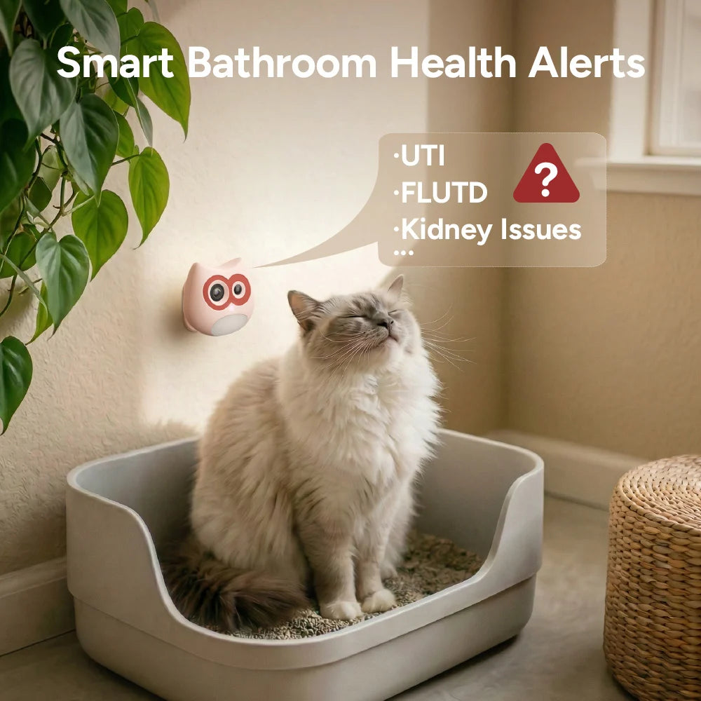 Cat using a litter box with a smart device monitoring health alerts in a bathroom setting.
