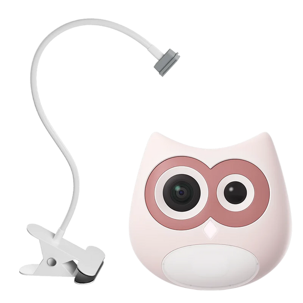 Pink owl-shaped camera with a clip on a white background
