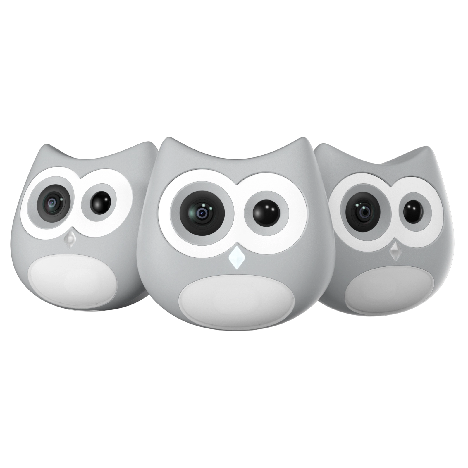 Three owl-shaped devices with camera lenses on a white background
